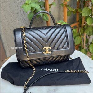 Chanel Chevron Quilted Top Handle Calfskin Leather Flap Crossbody